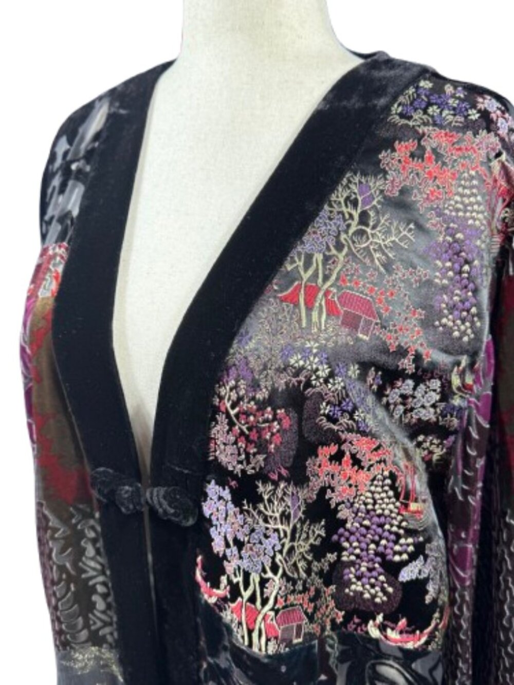 VTG Chico's Burnout Velvet Velour Silk Blend Patchwork Kimono Jacket (Size 3) - Picture 3 of 16